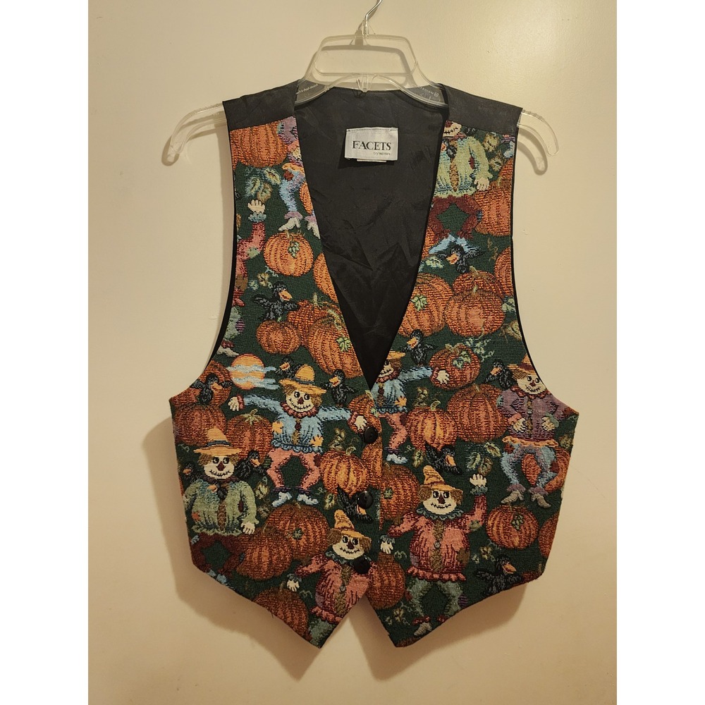 Vintage Facets by Mirrors Tapestry Vest Womens Medium Scarecrow Pumpkin Fall USA